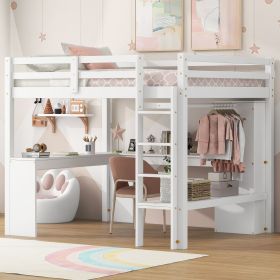 Full Size Loft Bed with L-shaped Desk, Wardrobe and Storage Shelves, White