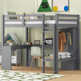 Twin Size Loft Bed with L-shaped Desk, Wardrobe and Storage Shelves, Grey