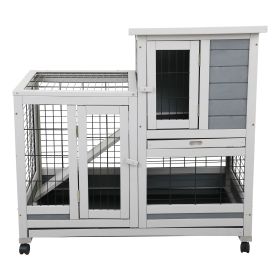 Wooden Rabbit Hutch With Ventilation Gridding Fence, Openable Door, Cleaning Tray (Color) Gray