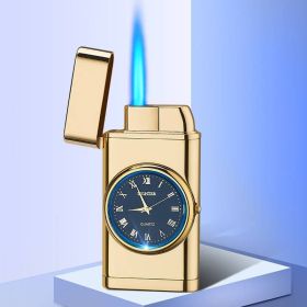 Lighter With Electric Watch Rocker Arm Automatic Ignition Straight Blue Flame Lighter Creative Real Dial Inflatable Windproof Lighter Men's Watch Gift (Color: A golden ice)