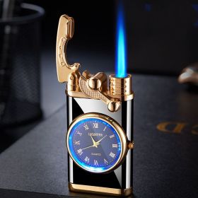 Lighter With Electric Watch Rocker Arm Automatic Ignition Straight Blue Flame Lighter Creative Real Dial Inflatable Windproof Lighter Men's Watch Gift (Color: Black ice)