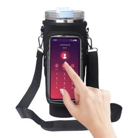 Water Bottle Carrier Bag with Touch Screen Phone Pocket for Stanley 40oz Tumbler (Color: Black)