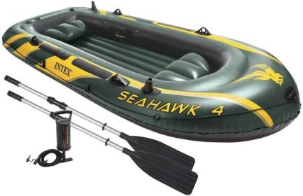 Seahawk Inflatable Boat Series: Includes Deluxe Aluminum Oars and High-Output Pump – SuperStrong PVC – Fishing Rod Holders (Color: Seahawk 4)