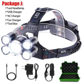 T20 LED Headlamp High Lumen 3/5 LED Light Ultra Bright Headlight USB Rechargeable 4 Modes Flashlight Waterproof Fishing Hunting (Emitting Color: 5LED Package J, Body Color: No Battery)