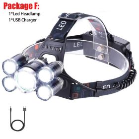 T20 LED Headlamp High Lumen 3/5 LED Light Ultra Bright Headlight USB Rechargeable 4 Modes Flashlight Waterproof Fishing Hunting (Emitting Color: 5LED Package F, Body Color: With 2x18650 Battery)