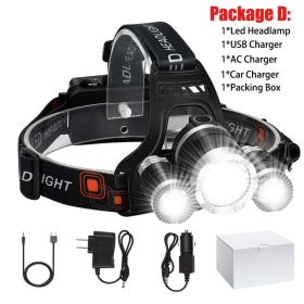 T20 LED Headlamp High Lumen 3/5 LED Light Ultra Bright Headlight USB Rechargeable 4 Modes Flashlight Waterproof Fishing Hunting (Emitting Color: 3LED Package D, Body Color: With 2x18650 Battery)