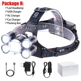 T20 LED Headlamp High Lumen 3/5 LED Light Ultra Bright Headlight USB Rechargeable 4 Modes Flashlight Waterproof Fishing Hunting (Emitting Color: 5LED Package H, Body Color: No Battery)