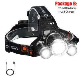 T20 LED Headlamp High Lumen 3/5 LED Light Ultra Bright Headlight USB Rechargeable 4 Modes Flashlight Waterproof Fishing Hunting (Emitting Color: 3LED Package B, Body Color: With 2x18650 Battery)