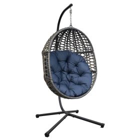 Wicker Hanging Swing Chair;  Rattan Hanging Egg Chair with Durable Stand and Waterproof Cushion for Outdoor Garden or Indoor Living Room (Color: Navy Blue)