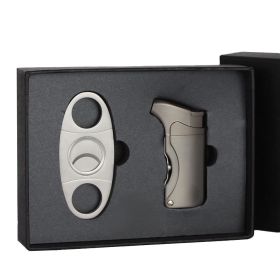 Luxury Cigar Lighter Torch Windproof Cigarette Lighters Cigar Cutter Scissors Sharp Cigar Lighter Cutter Set for Gift (Color: C Logo Silver Set)