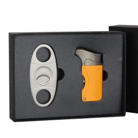 Luxury Cigar Lighter Torch Windproof Cigarette Lighters Cigar Cutter Scissors Sharp Cigar Lighter Cutter Set for Gift (Color: C Logo Yellow Set)