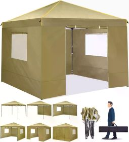 10x10 Pop Up Tent with 4 Side Walls & Mesh Windows, Instant Gazebo Tent Outdoor Canopy Tent with Tote Bag, 4 Stakes & Ropes (Color: Khaki)