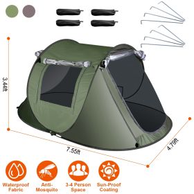 Pop Up Tent Automatic Setup Camping Tent - Waterproof w/ 4 Mosquito Net Windows & Carrying Bag for Outdoors (Type: Green_3_4Person_Standard)